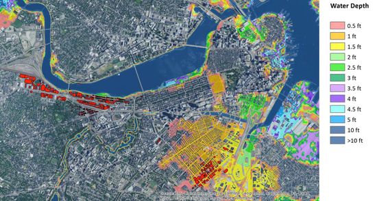 These illustrations show water levels during a 1-in-100-year flooding event in Boston today and in 2070 (BU campuses in red). The data come from the Woods Hole Group and are based on climate projections from the <a href=