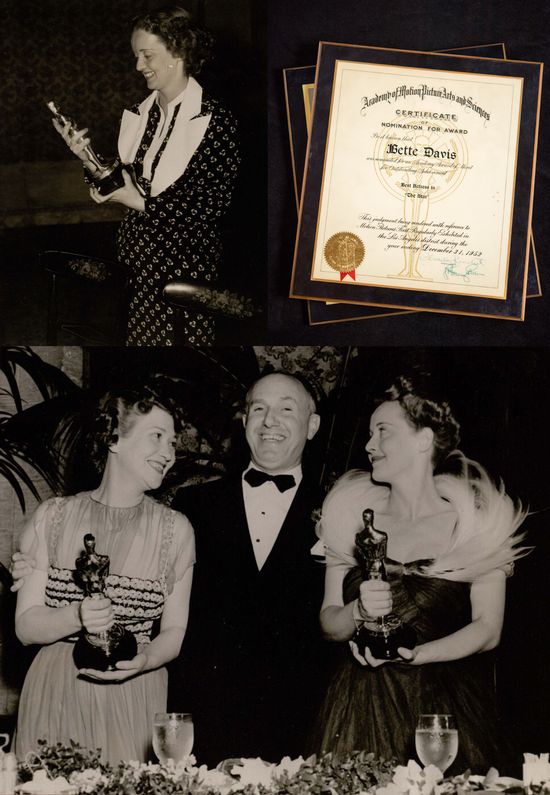 Photos from from the personal scrapbook of actress Bette Davis, part of a collection showcasing Oscar winners and Academy Awards history housed at the Howard Gotlieb Archival Research Center.