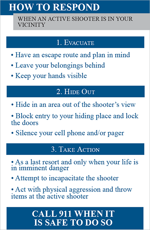 Infographic detailing how one should respond if an active shooter is in their vicinity. Source data from Department of Homeland Security