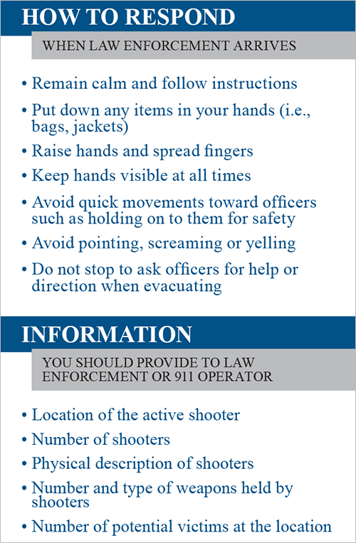 Infographic detailing how one should respond when law enforcement arrives to an active shooter situation