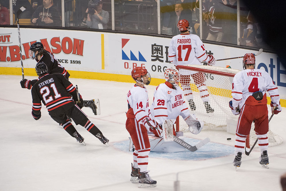 Northeastern University scores a goal against the Boston University Terriers during the 2018 Beanpot Tournament championship game