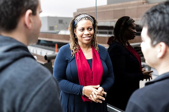 Charisse McGhee-Lazarou speaks with students 