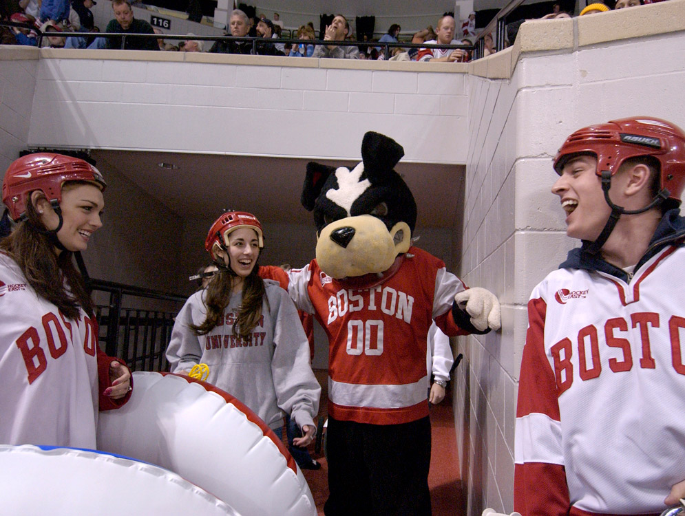 BU mascot Rhett the Terrier with Boston University hockey fans at a game in 2005.