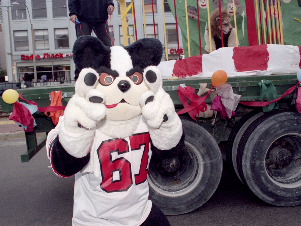 Rhett the Terrier walks in the 1996 Boston University homecoming parade on Commonwealth Ave.
