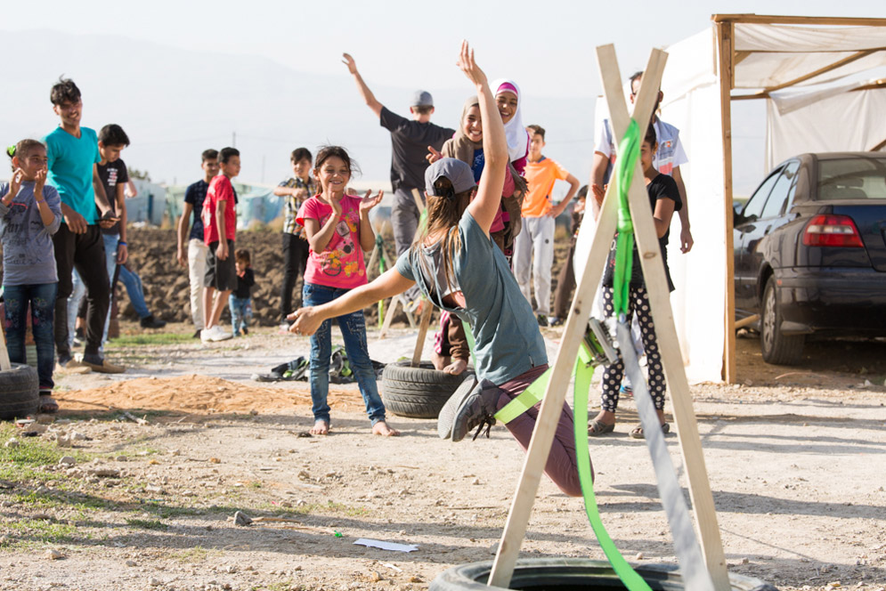 Slacklining with Syrian refugees in the Bekaa Valley in Beirut, Lebanon.