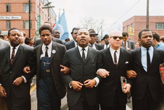 Martin Luther King leading march from Selma to Montgomery to protest lack of voting rights for African Americans. Beside King is John Lewis, Reverend Jesse Douglas, James Forman and Ralph Abernathy.