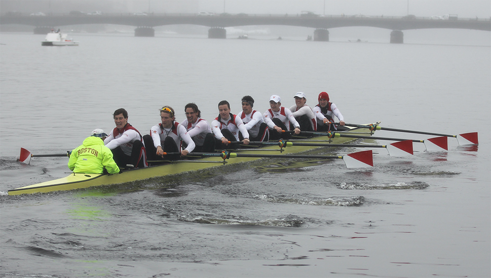 The Boston University Terriers men's rowing team compete in the 2018 Eastern Sprints