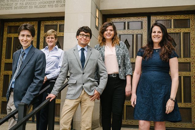 Marsh Chapel This I Believe Sunday speakers Evan Armacost, Anne Marie Kelley, Nickholas Rodriguez, Maritt Nowak, and Robin Masi pose for a photo in front of Marsh Chapel at Boston University