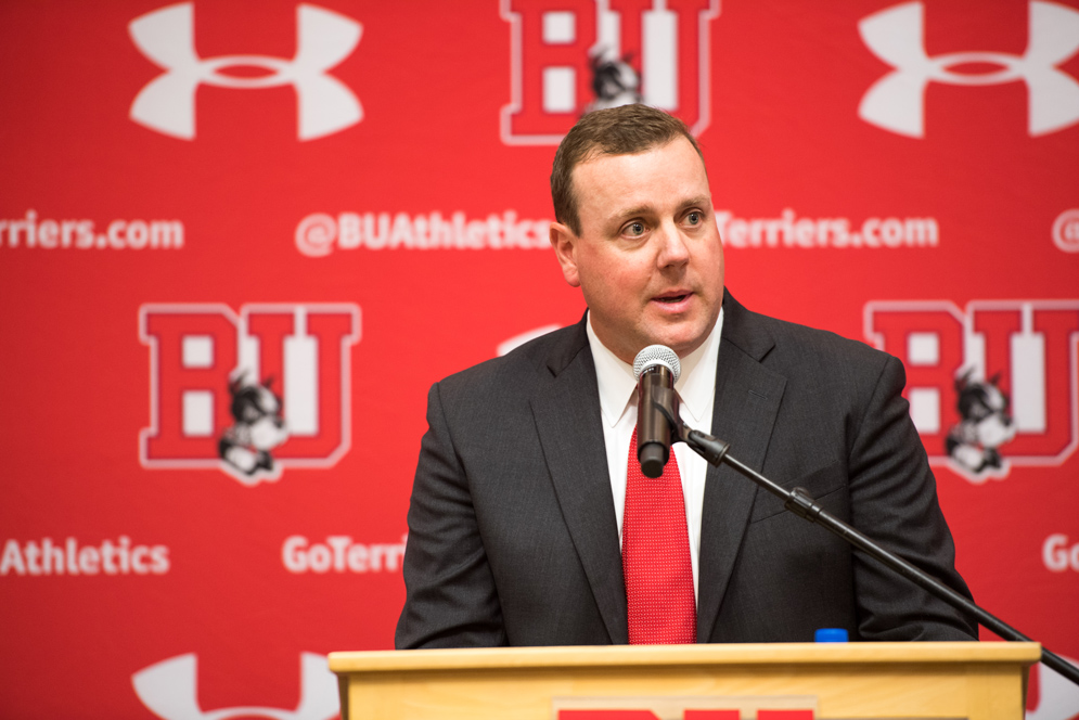 Albie O’Connell, new BU men's hockey head coach, speaks during a press conference announcing his promotion