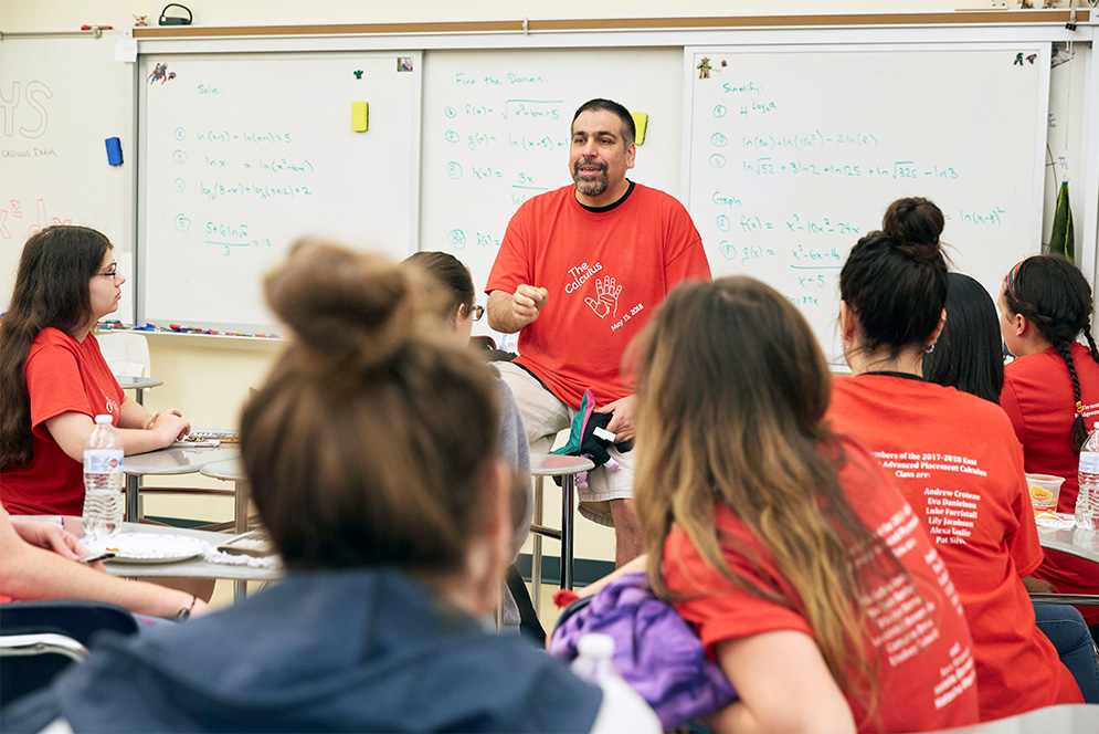 2019 Massachusetts Teacher of the Year Jamil Siddiqui encourages students before an AP Calculus exam.