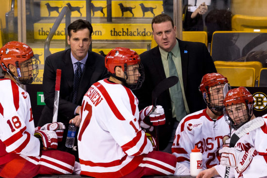 David Quinn and Albie O'Connell coach the BU Terriers men's hockey team during the 2016 Beanpot Tournamemt.