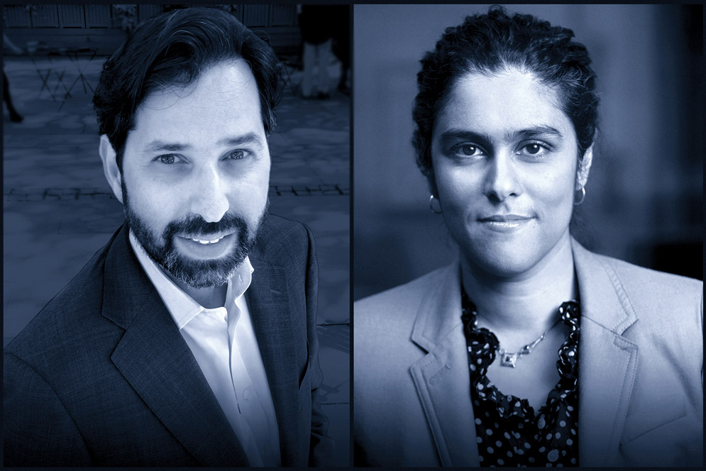 Composite image of NPR commentators Meghna Chakrabarti and David Folkenflik headshots