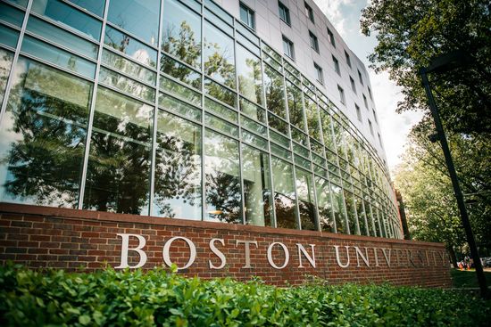 The Boston University sign on the new Wheelock campus 