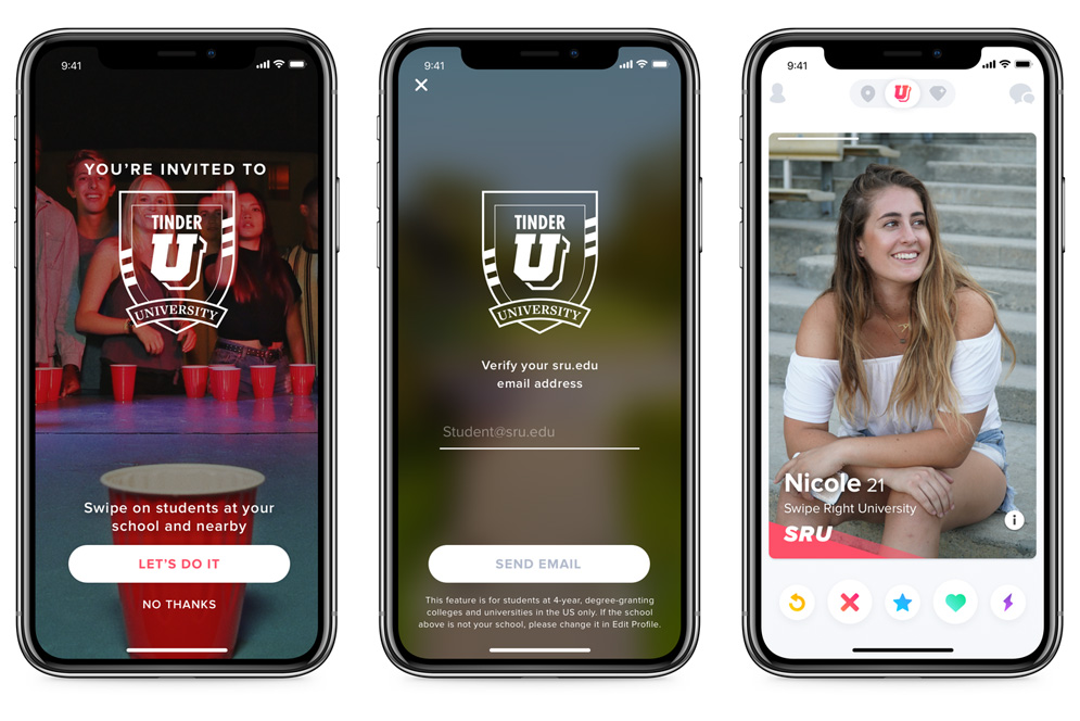 Screenshots of the new Tinder U app
