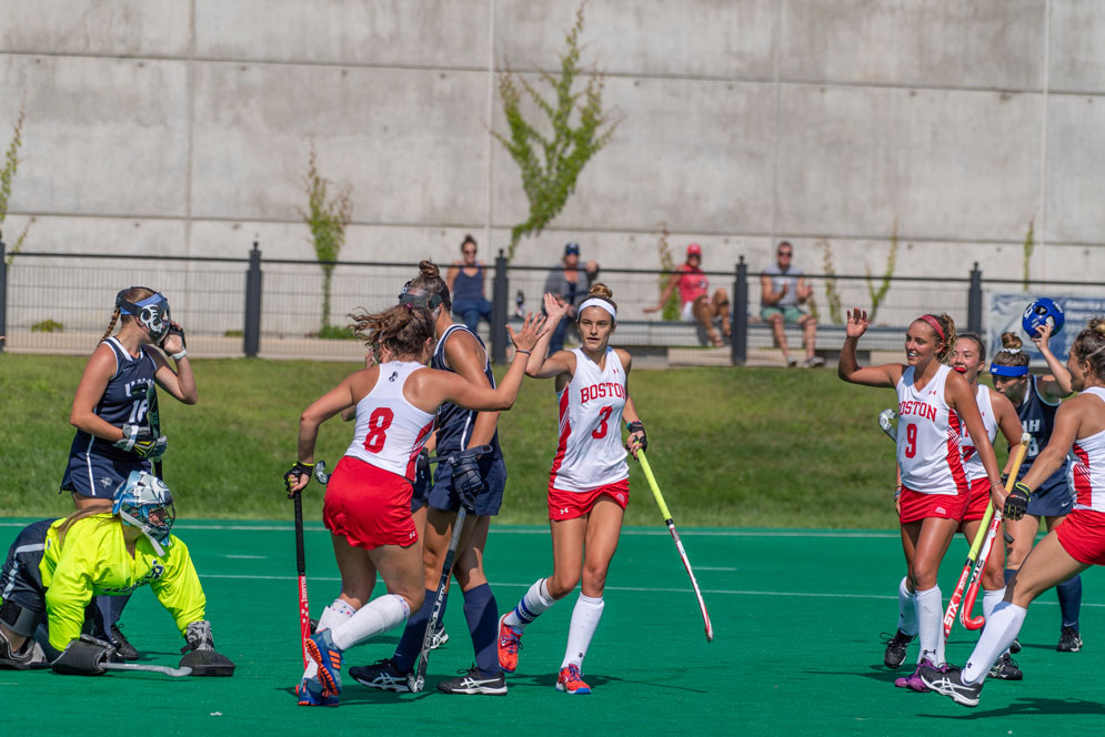 The BU field hockey team claimed its first top-10 win since 2014 with a defeat of Northwestern on September 9. Photos by Tim Gallagher