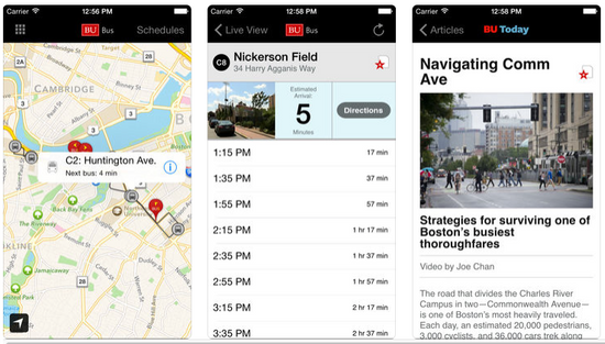 Screenshots of the BU Mobile app
