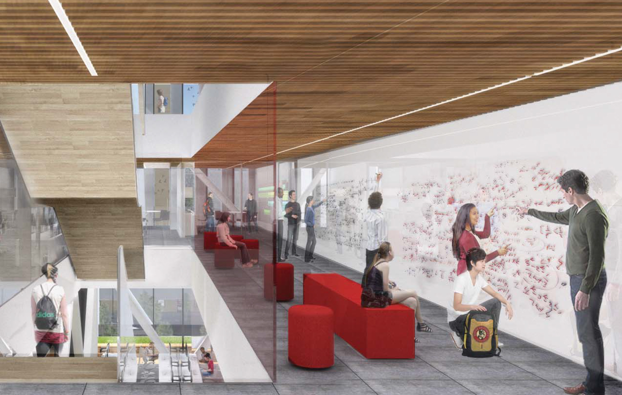 Architectural rendering showing the planned collaboration spaces for researchers in the new Boston University Data Sciences Center.