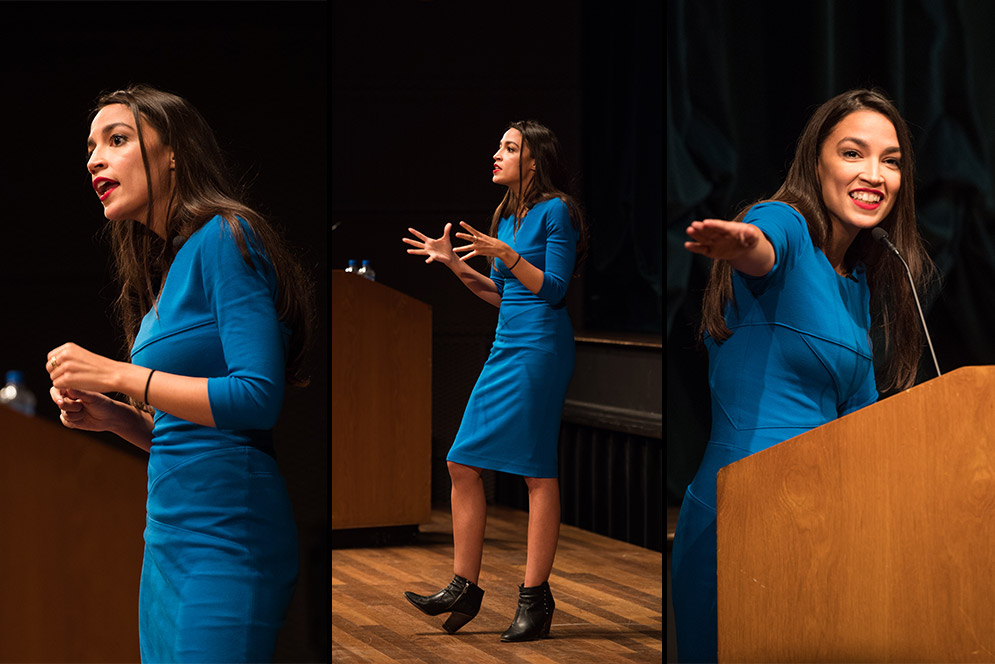 Triptych showing three moments during a speech by 2018 Democratic candidate Alexandria Ocasio-Cortez as she spoke to a crowd at her alma mater, Boston University. Each photo is the triptych shows Ocasio-Cortez making different hand and face gestures.