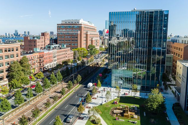 aerial shot of kenmore square and the boston skyline over BU's campus