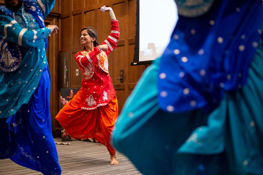 Shilpa Varghese (SPH'17) performs an Indian Folk dance with the BU Bhangra dance team