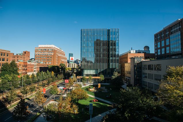 View of the Boston University Charles River Campus looking toward Kenmore Square including the College of Communication, Kilachand Center, Questrom School of Business, and the Citgo Sign.