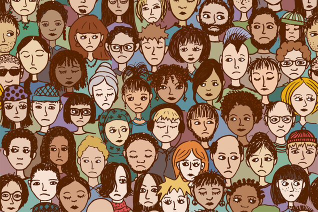 Illustration showing a crowd of multicultural unhappy people many with frowns or sad faces.