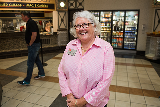 Barbara Laverdiere, retired BU Dining Services director, poses for a portrait in the George Sherman Union food court at Boston University.