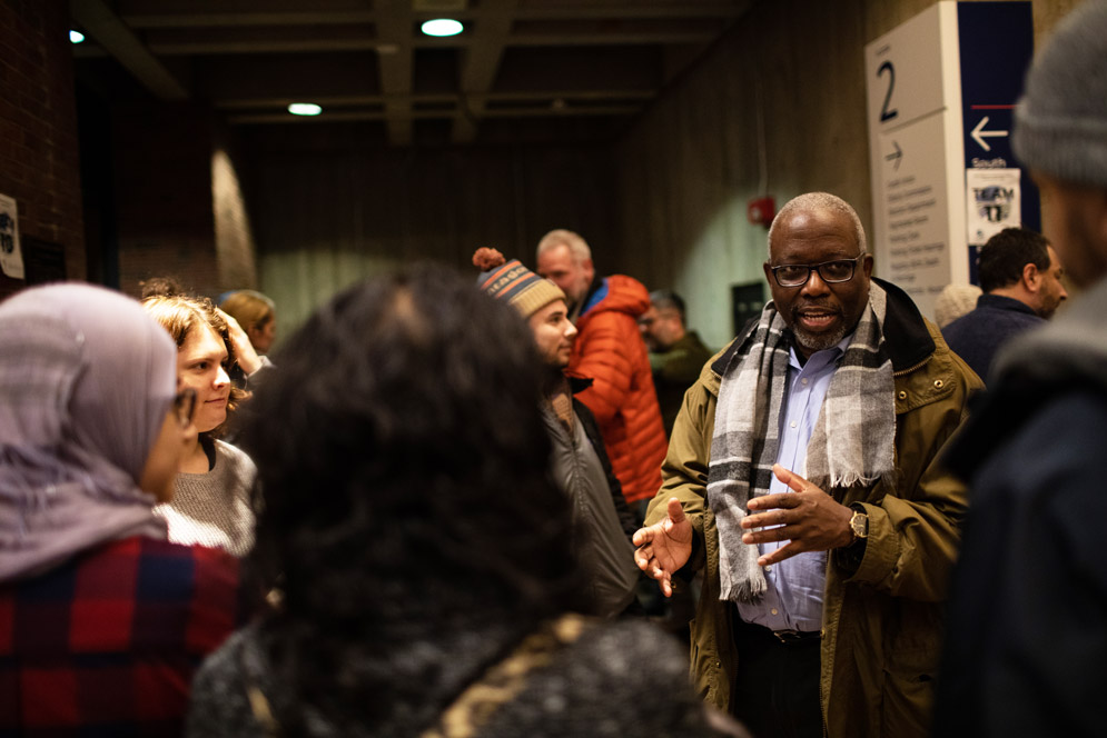 Harold Cox speaks with BU Boston Homeless Census volunteers.