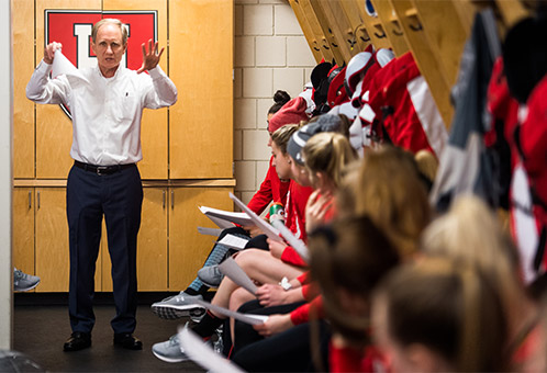 BU women's ice hockey head coach Brian Durocher talks to the team in the locker room before the 41st Beanpot Tournament final.