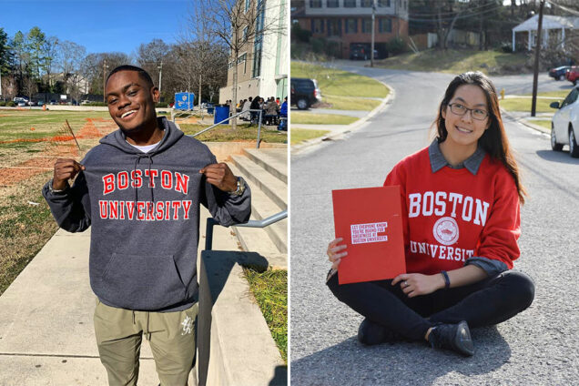 Diptych of two student members of the Boston University Class of 2023 showing their excitement having just been accepted to BU