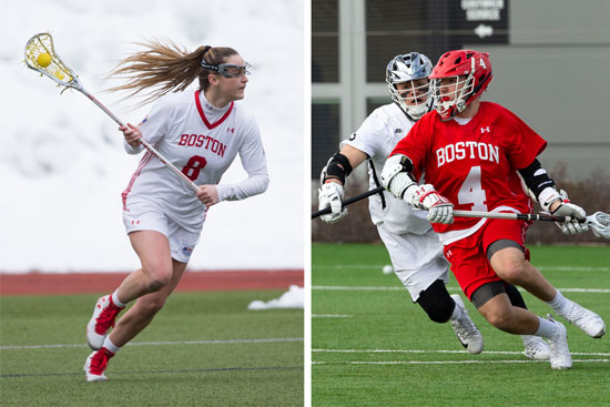 two images of a BU women's lacrosse player and a BU men's lacrosse player side by side