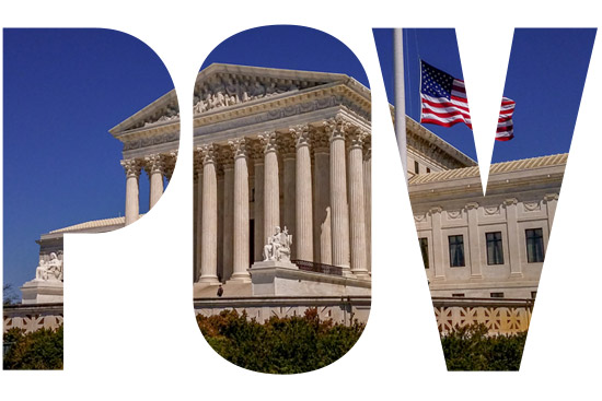 the letters P O V carved from the image of the Supreme Court of the United States and American Flag in Washington, DC