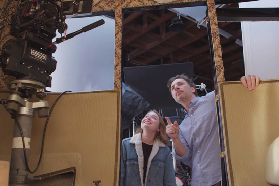 West (left) with award-winning actor/director/screenwriter Zach Braff, who selected her movie poster to adapt into a short film, during the Hollywood shoot in March