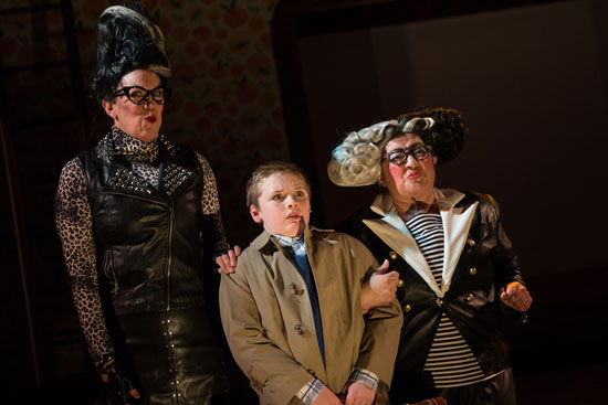 Amy Barker as Spiker, Cameron Levesque as James, and June Baboian as Sponge in the Wheelock Family Theatre production of James and the Giant Peach