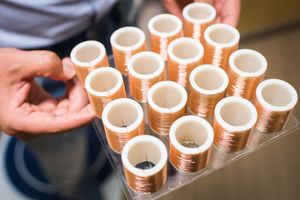 This array of helical resonators stand at three-centimeter-tall, constructed from 3-D-printed plastic and coils of thin copper wire.