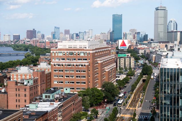 An aeiral shot of Boston University Campus highlighting Questrom