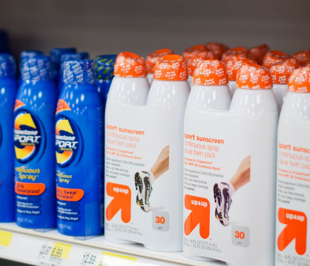 sunscreen bottles on a store shelf