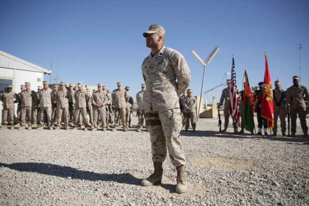 U.S. Marines stand guard at Task Force Southwest military field in Shorab military camp of Helmand province, Afghanistan