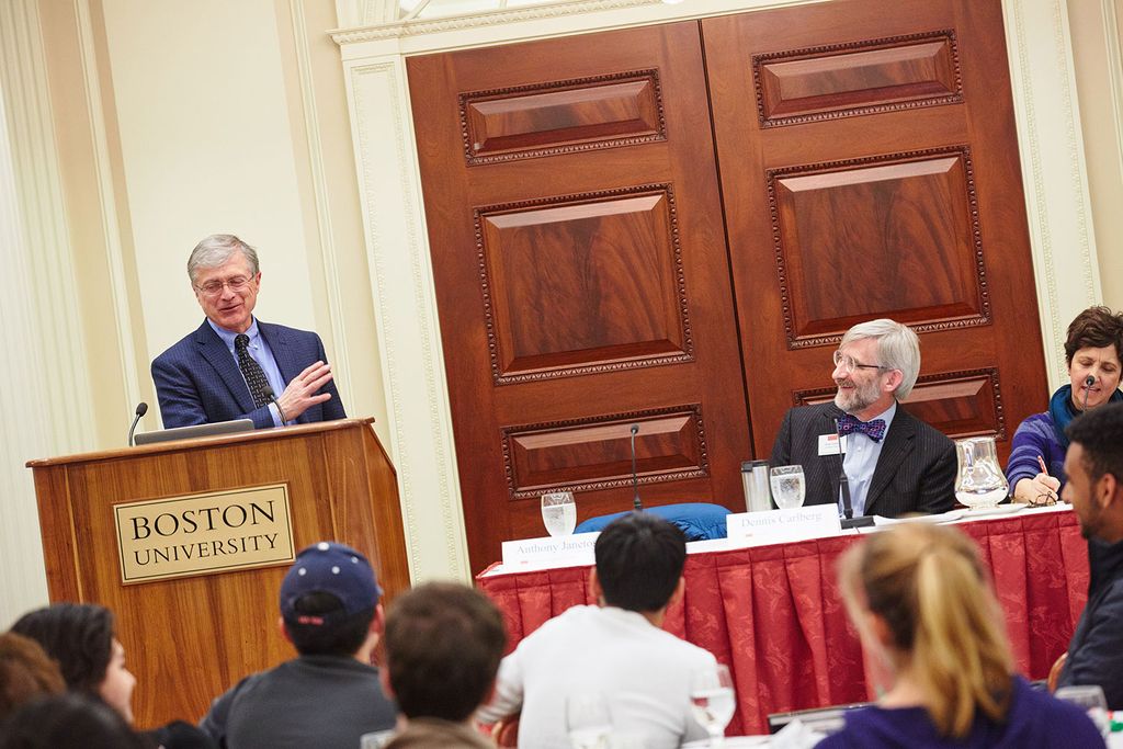 Anthony Janetos speaks at the podium during a Boston University Climate Action Plan public forum.