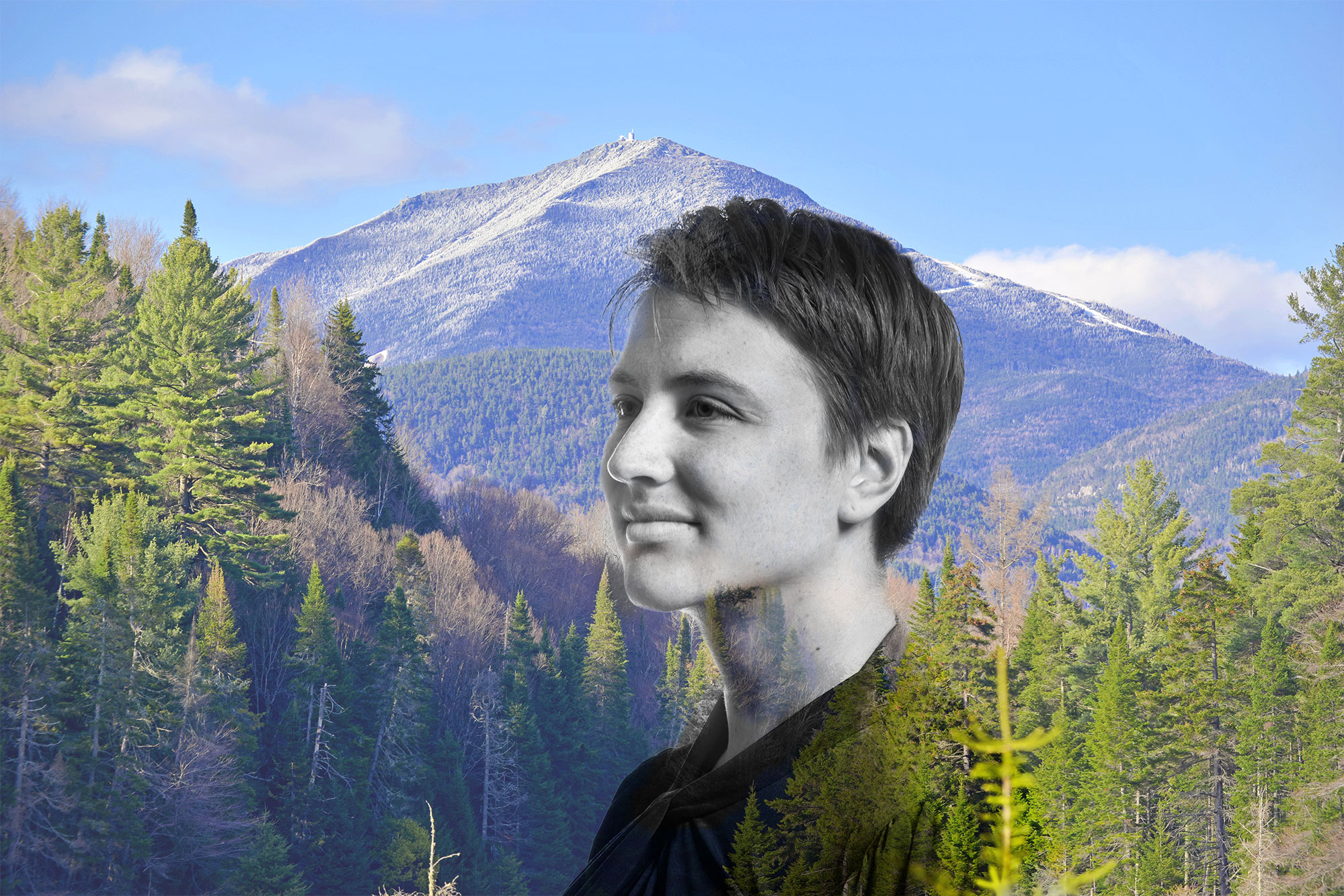 Double exposure portrait of Tara Miller with the Adirondack Mountains in the background.