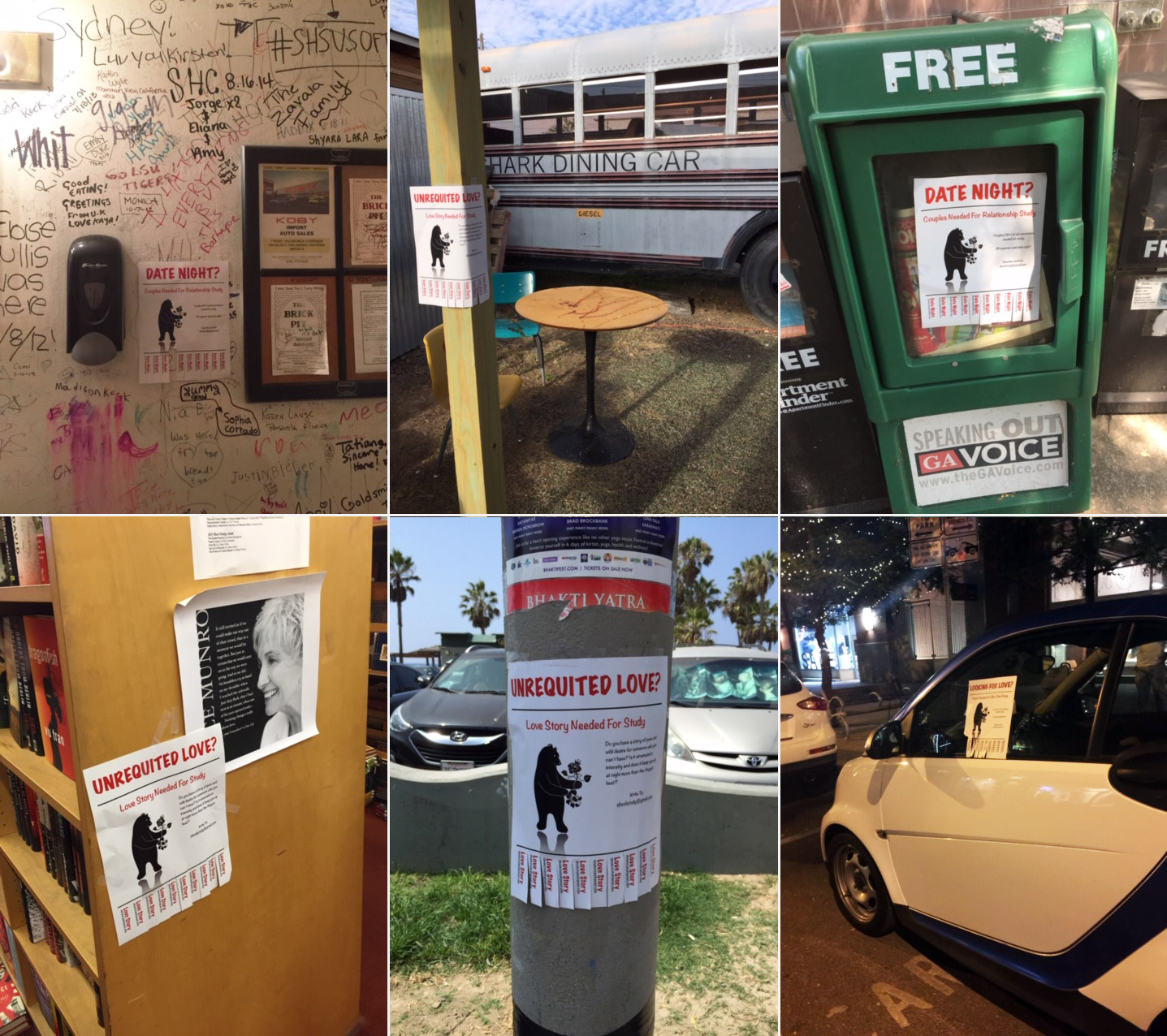 Composite image showing a variety of locations in which Lisa Taddeo had posted signs advertising to find women to participate in her study. Locations include bathroom wall, restaurant, weekly newspaper dispenser, library bookcase, telephone pole, and car window.