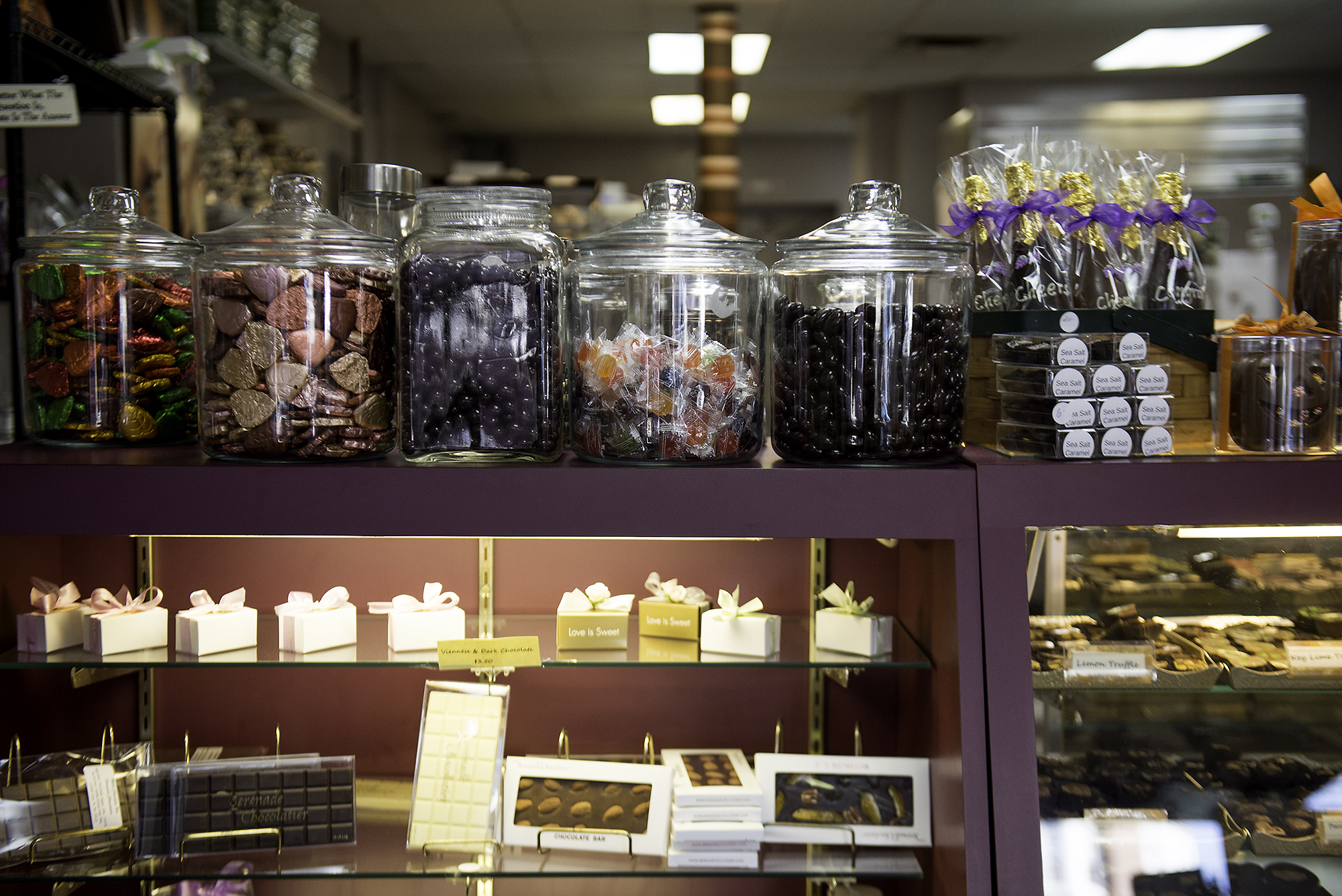 Counter full of chocolate and baked treats at Serenade Chocolatier in Brookline, MA.