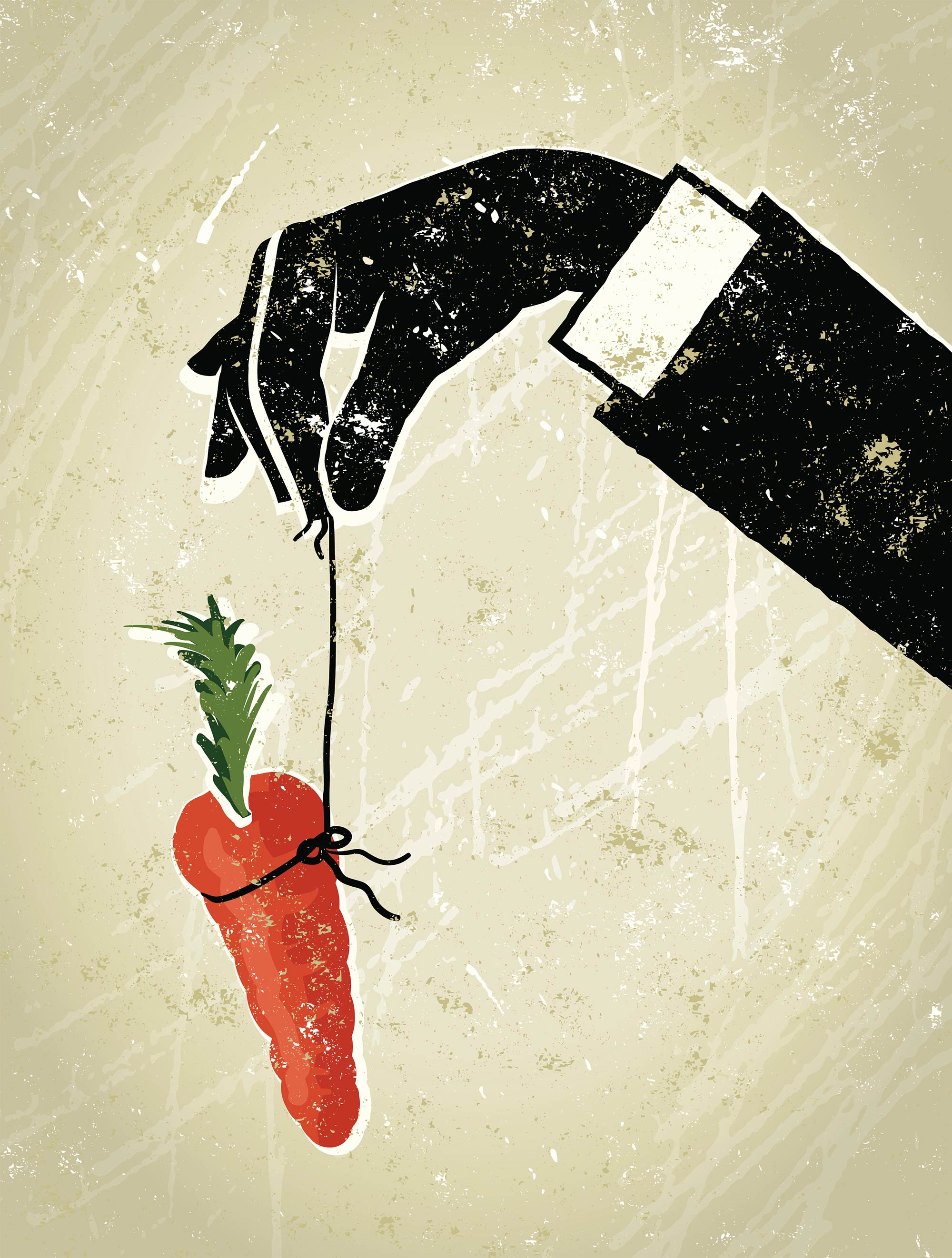 Illustration of businessman in a suit dangling a carrot on a string.