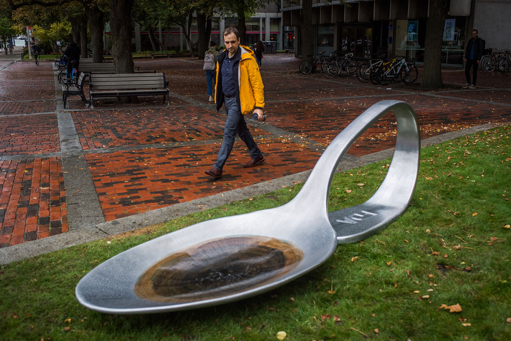 Domenico Esposito's FDA Spoon sculpture on display on the Boston University Charles River Campus.