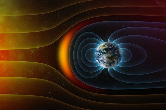 Scientific illustration showing Earth's magnetic field deflecting solar winds from the sun.