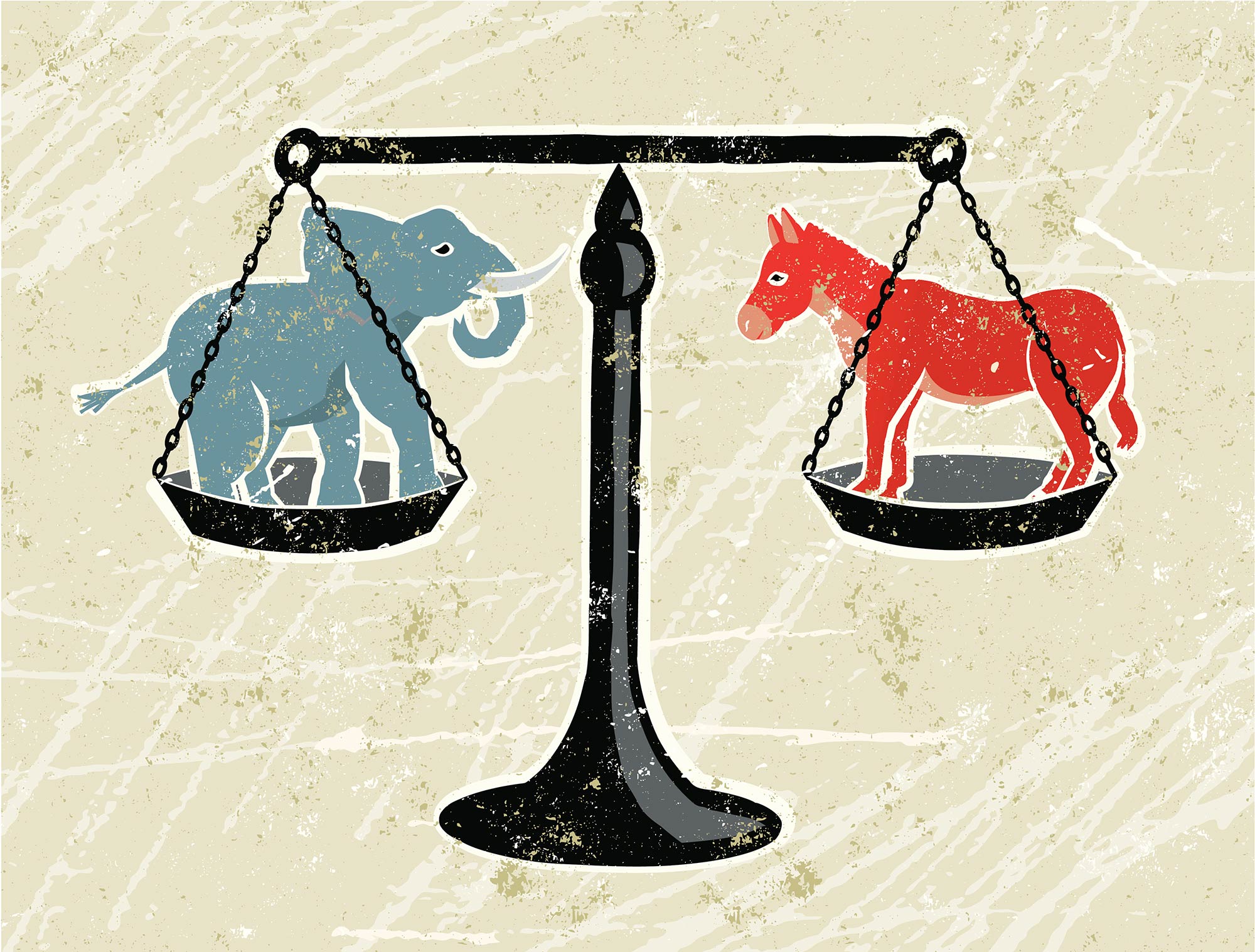 Illustration of a GOP elephant and Democrat donkey balancing on the scales of justice.