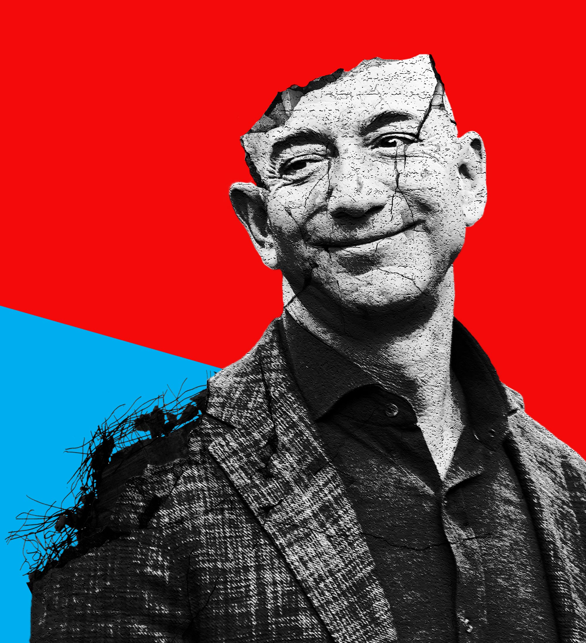 Illustration of Amazon's Jeff Bezos being demolished like a building representing the idea of breaking up big tech companies.