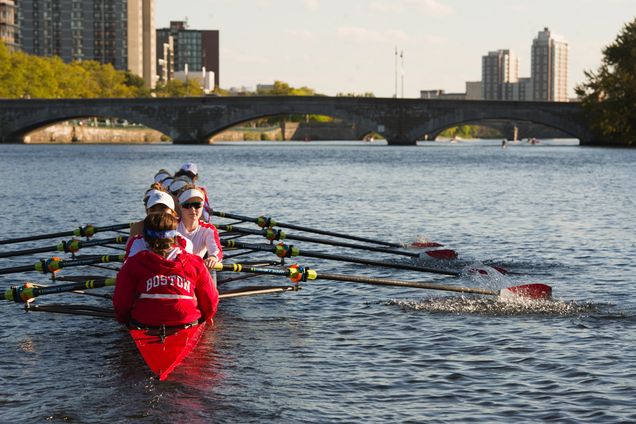 The BU women’s lightweight rowing team practices on the Charles River