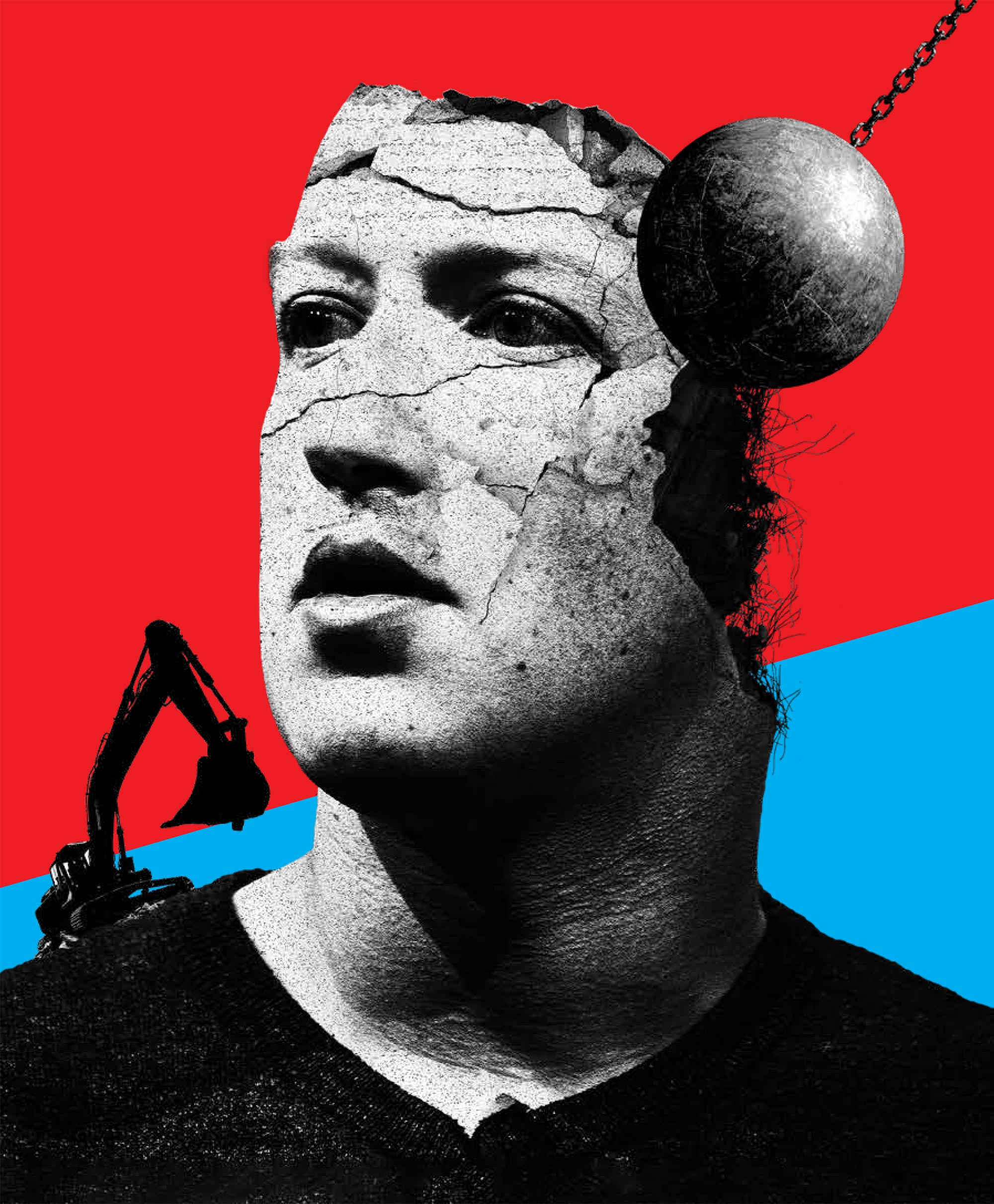 Illustration of Mark Zuckerberg being demolished by a wrecking ball.