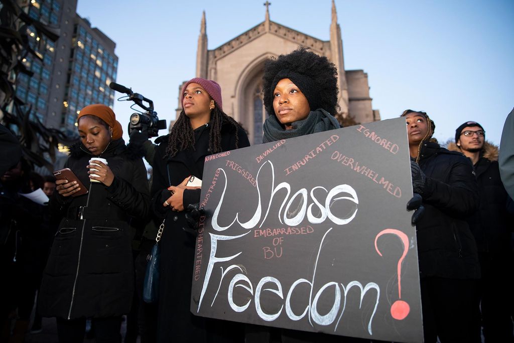 African American students protest the appearance of Ben Shapiro on the Boston University campus.